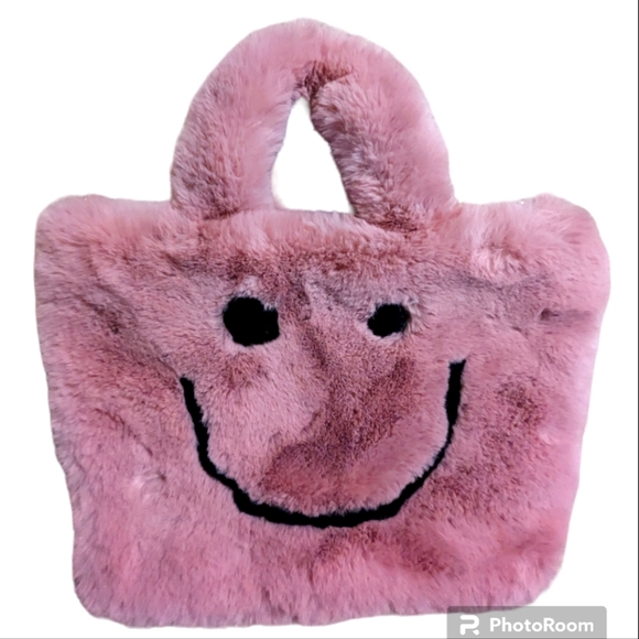 no brand Handbags - Fur bag smiley face Rose pink plush purse Womens Shoulder Bag